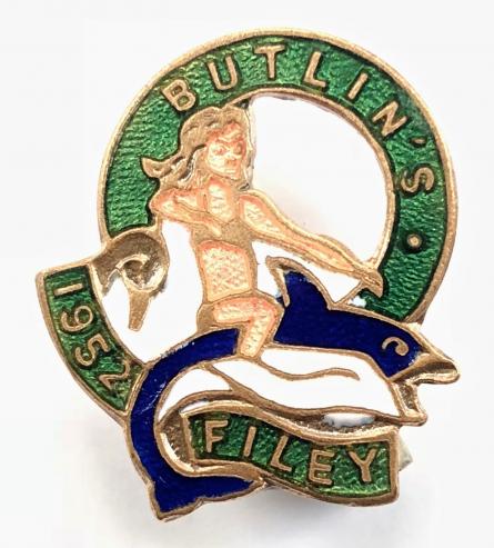 Butlins 1952 Filey holiday camp badge girl riding a fish green labels