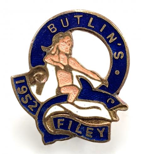 Butlins 1952 Filey holiday camp badge girl riding a fish dark blue labels