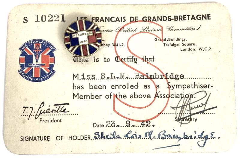 WW2 Les Francais De Grande-Bretagne Resurgam 1940 Free French supporters card & badge